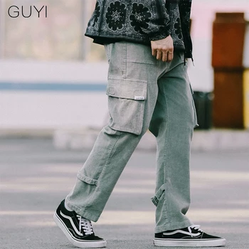 

GUYI Corduroy Vintage Pocket Casual Pants Men Autumn Winter Long Trousers Loose Letter Retro Ulzzang Fashion Black Pant Original