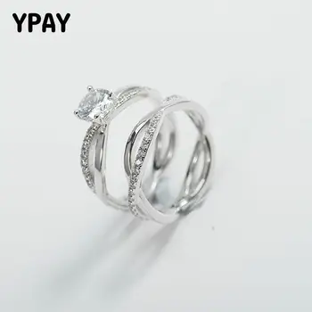 

YPAY 100% Real 925 Sterling Silver Ring Set For Couples Zircon Wedding Finger Rings Sets For Woman Fine Jewelry 2 PCS YMR473