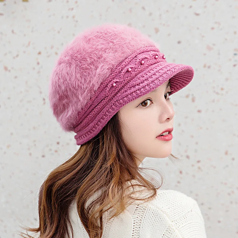 USPOP winter hats women berets female rabbit hair pearl hat thick warm knitted hats knitted visor cap - Цвет: Лаванда