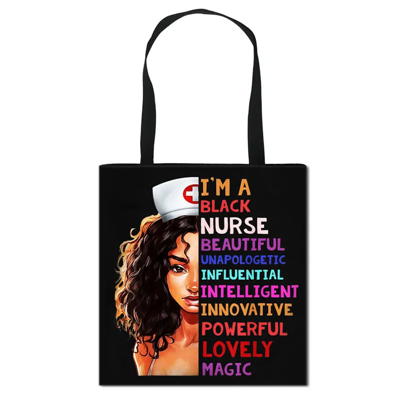 Black Nurse with Crown Women Totes Afro Ladies Fashion Handbag American Africa Girls Canvas Shoulder Bag Cute Shopping Bags - Image 3