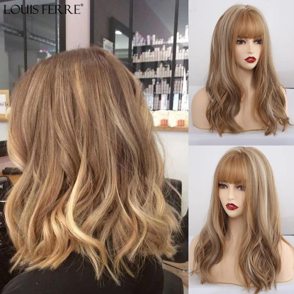 

LOUIS FERR Synthetic Wigs with Bangs Medium Wavy Mixed Gloden Blonde Ash Hair Women Wigs Heat Resistant Hair Cosplay Wigs