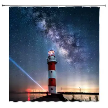 

Lighthouse Shower Curtain Decor Blue Starry Sky Ocean Sea Red Yellow Lamplight Landscape Bathroom Curtain Polyester Fabric