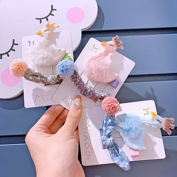 

2 Pcs Set Cartoon Korean Children's Headdress Swan Hair Set Girls Rabbit Ears Headrope Cute Baby Lace Princess Hair Clip