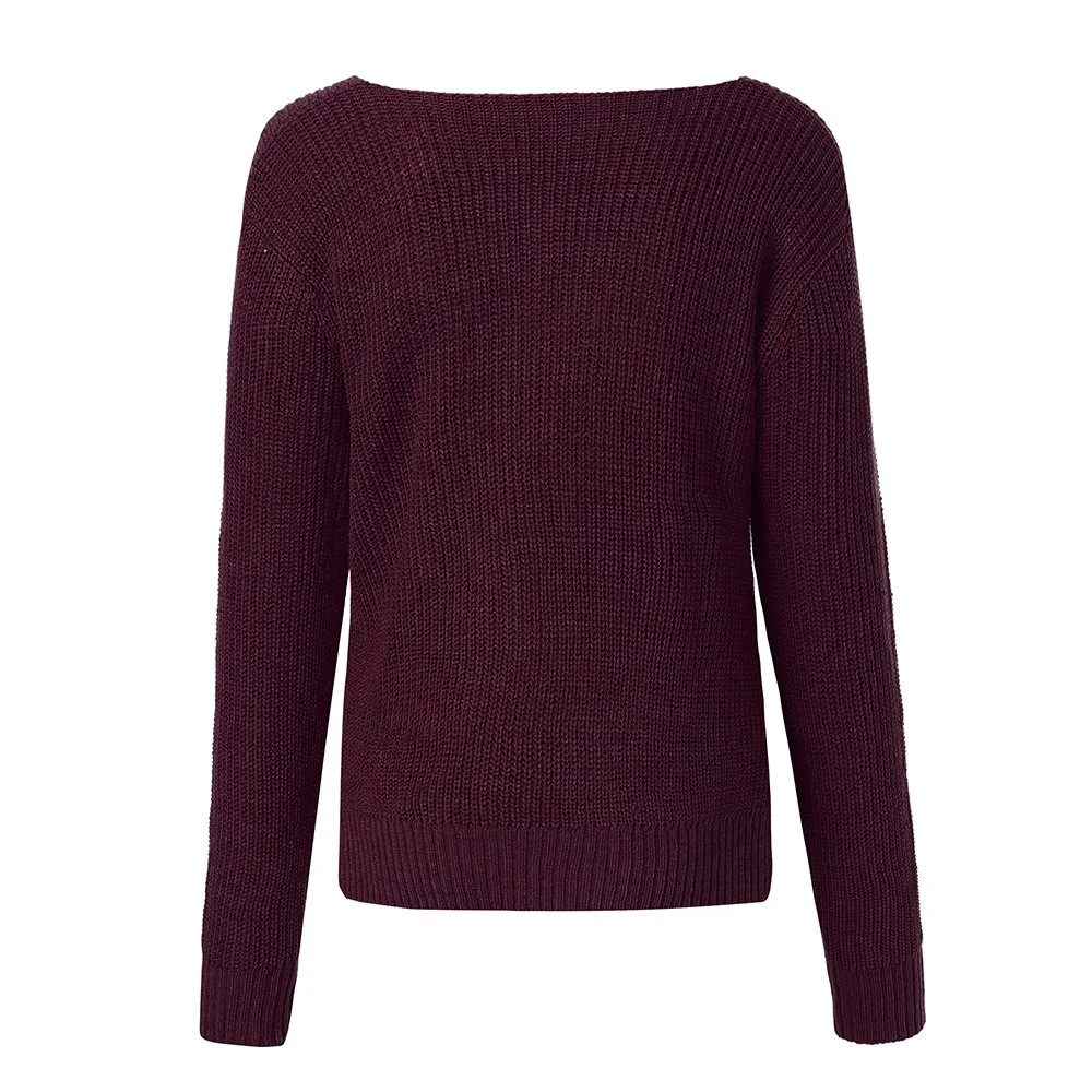 Pull femme hiver свитера с длинным рукавом сплошной цвет v-образный вырез сексуальный крест завязанный панель свитер для женщин размера плюс roupa feminina