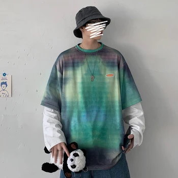

2020 Spring And Autumn New Youth Popular Tie-dye Design Stitching Fake Two Long-sleeved T-shirts Fashion Casual Wild Pullovers