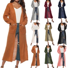 Новинка, Женский Осенний Приталенный кардиган с разрезом, повседневный длинный вязаный свитер, теплый Однотонный свитер с открытой передней частью, Женское пальто с длинным рукавом и карманом