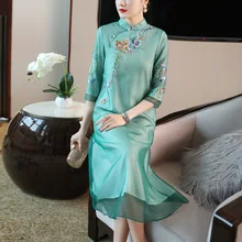 Платье чонсам, лето, стиль, женское, элегантное, достойное, для повседневной жизни, улучшенное, средней длины, Марлевое, с вышивкой, 18376