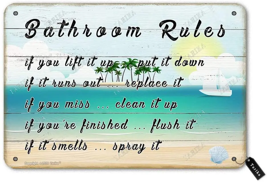 

Bathroom Rules with Beach Vintage Look 20X30 cm Tin Decoration Art Sign for Home Bathroom Room Farmhouse Garden Shop Funny