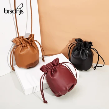 

BISONJS 2020 New Vintage Crossbody Mini Bucket Bag Luxury Woman Bag Female Shoulder Handbag Drawstring Messenger Crossbody B1821