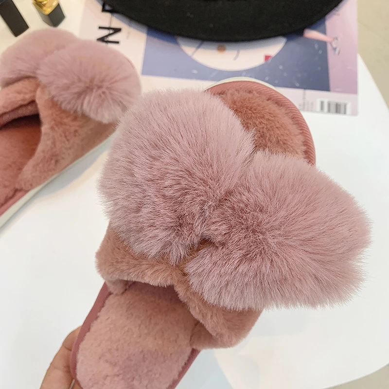 

Winter Fashion Women Home Slippers Faux Fur Warm flip flops Shoes Woman Slip on Flats Bowtie Female Slides Purple Plus Size