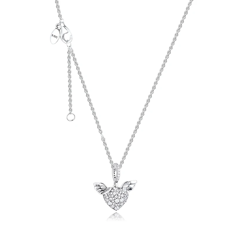 

100% 925 Sterling-Silver-Jewelry Pave Heart & Angel Wings Necklaces Pendants Free Shipping