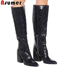 ASUMER/ г.; большой размер 43; сапоги до колена; женская брендовая обувь на высоком каблуке с острым носком и каменным узором; женские модельные туфли; высокие сапоги
