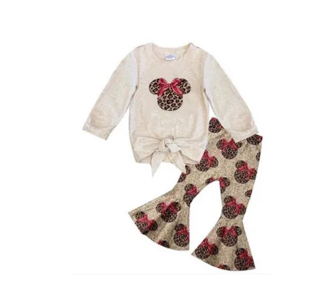 

Hot sale cute Mickey cartoon pattern boutique trumpet set tops knotted design embroidery kids cute sets