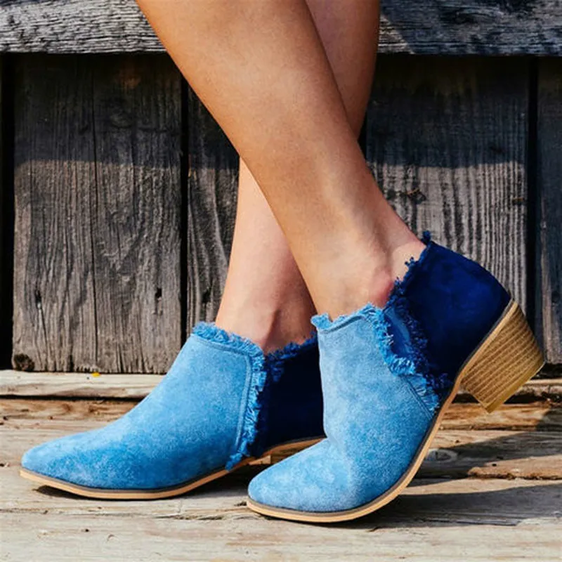 Tanie Kobiety kostki buty okrągłe Toe połowy Med obcasy pompy Slip on buty kobieta Chaussure Zapatos Mujer Gladiator jesień ciepłe botki WXZ228