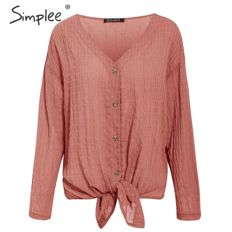 Simplee Повседневная Женская Клетчатая блуза с v-образным вырезом, рубашка с длинным рукавом, пуговицы, галстук-бабочка, женские рубашки, свободные офисные женские топы на осень и зиму