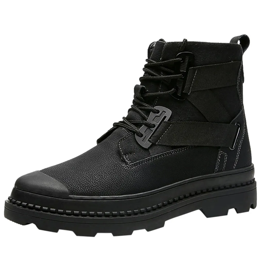 SAGACE Men's Ankle Boots Solid Color British Style Leather Boots Slip Wearable High Help Workwear Boots New Listing - Цвет: Черный