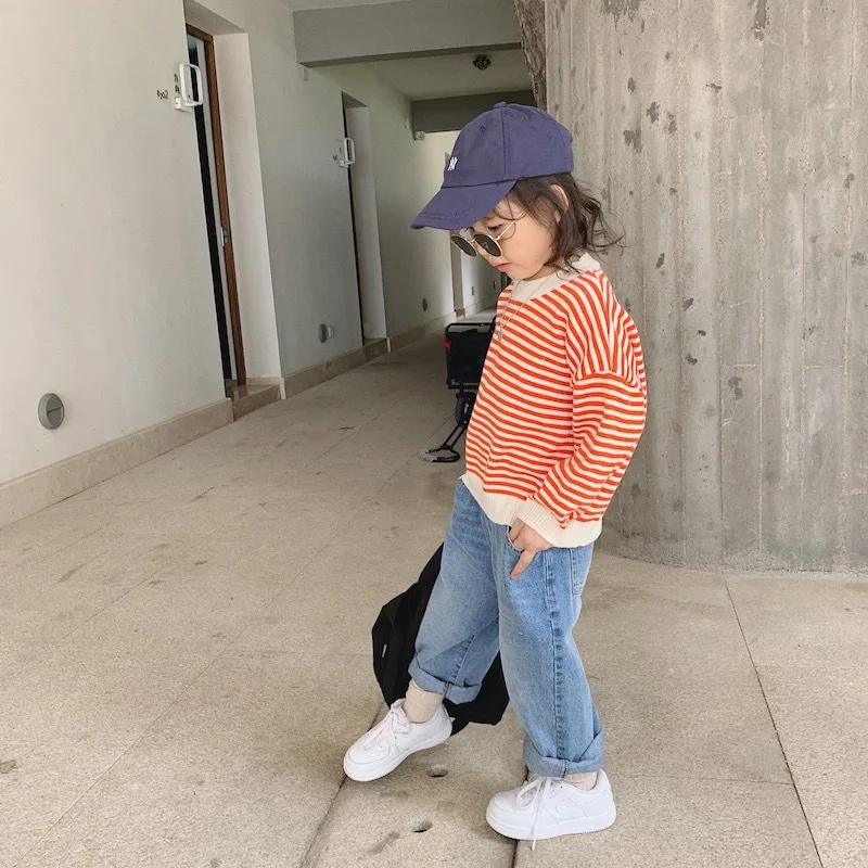 Cong Little Sister/ г. Осенне-зимний стиль детской одежды, Детский свитер в полоску трикотажная рубашка для мальчиков и девочек в Корейском стиле