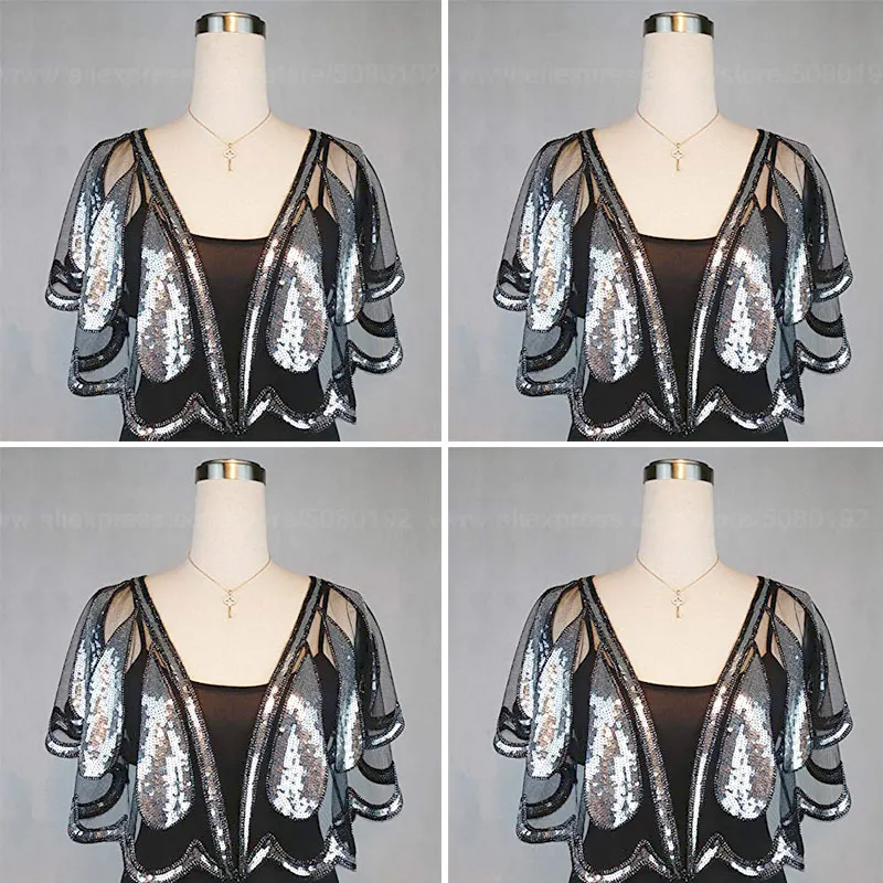 Silver Shawl Для женщин 1920s Свадебная шаль Блестки из бисера вечерняя накидка для невесты, накидка-шаль, болеро Хлопушки Cover Up защита от солнечных лучей, без застёжки, пончо золотого и черного цвета - Цвет: Silver Shawl