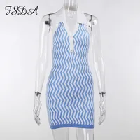 Knit Summer Bodycon Dress WoBlue Backless V Neck Beach Sleeveless Off Shoulder Mini Sexy Dresses Party