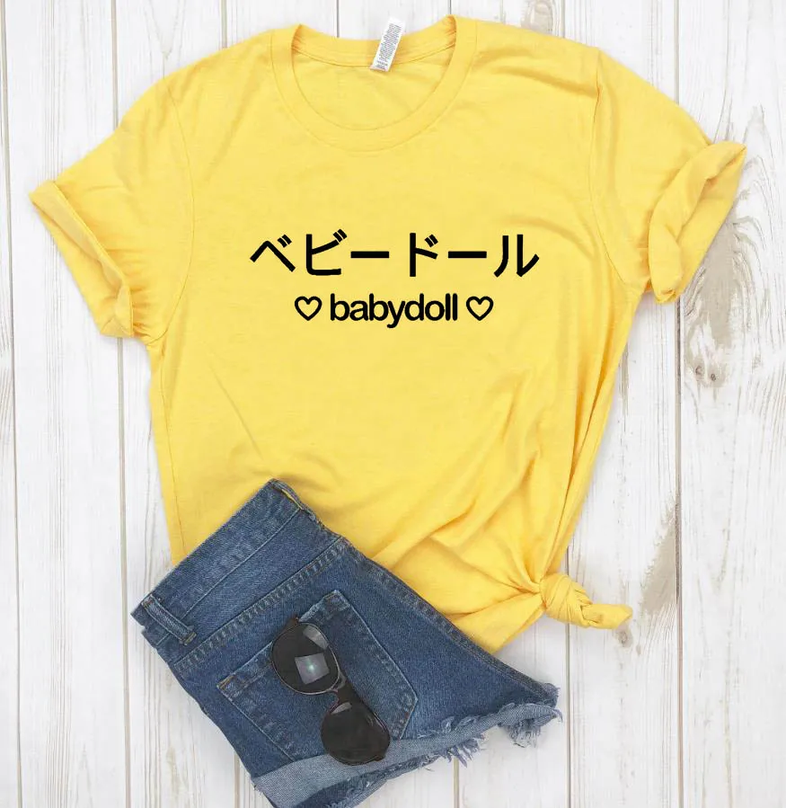 yellow-black letter Babydoll, японская, розовая, с буквенным принтом, женская футболка, повседневная, хлопок, хипстер, забавная футболка для девочек, топ, футболка, 8 цветов, Прямая поставка, BA-201 - Цвет: yellow-black letter