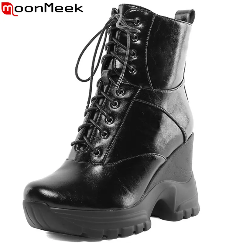 

MoonMeek big size fashion genuine leather boots round toe lace up ankle boots platform thick heels shoes autumn winter boots