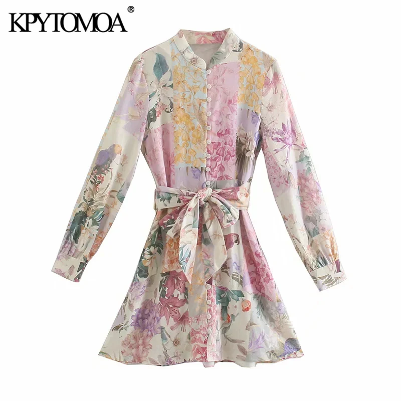 KPYTOMOA Women 2021 Chic Fashion With Belt Floral Print Linen Mini Dress Vintage O Neck Long Sleeve Female Dresses Vestidos