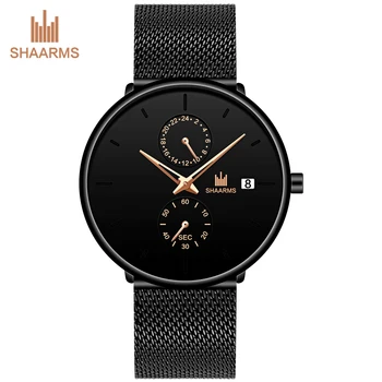 

SHAARMS 2019 Fashion Men Watch Black Stainless Steel Mesh Strap Quartz Watches Business Casual Wristwatch Dropship Reloj Hombre