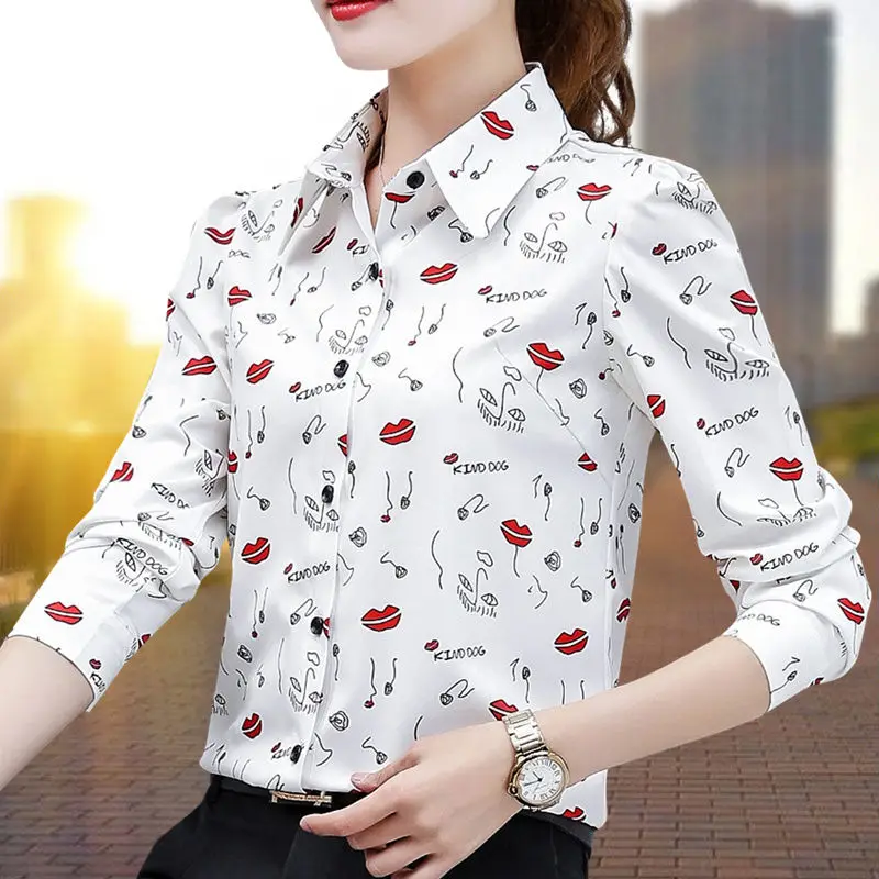 Chiffon Blouses for Women, Long Sleeve, Loose, Large, Slim, Printed, Foreign Style, B136, Korean Fashion