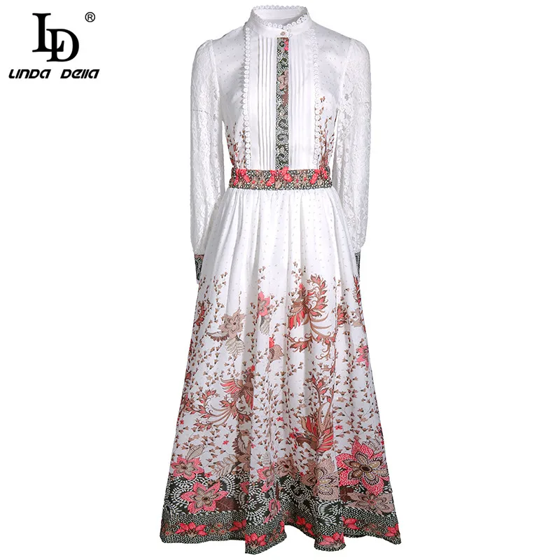 

LD LINDA DELLA Autumn Fashion Suit Designer Women Long Sleeve Lace Blouse and Elastic Vintage Print Long Skirts 2 Two Pieces Set