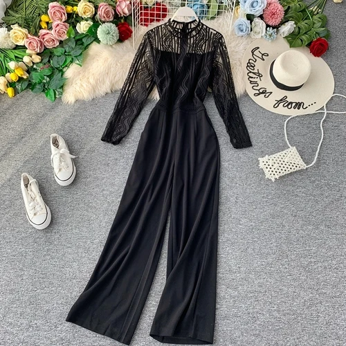 Autumn Fashion Sexy Lace Hollow Stitching Wide-legged High Waist Long Sleeve Jumpsuits Women Solid Color Elegant Overalls J897 - Цвет: Черный