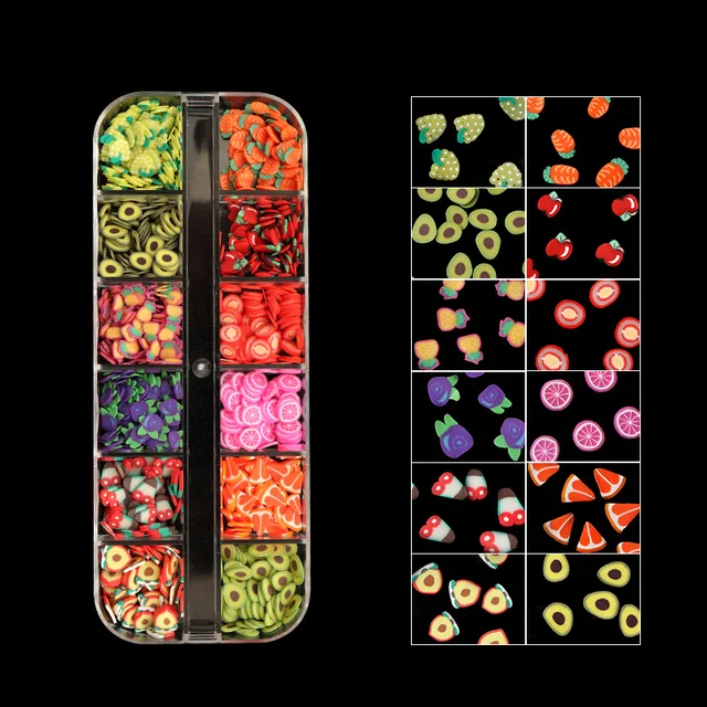 12 Grid Mixed Fruit Polymer Soft Clay Flakes for Nail Art UV Epoxy Resin Silicone Mold Flakes Slime Filler Making Tweezers DIY 4