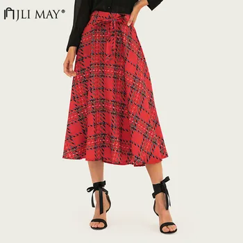 

JLI MAY Vintage Plaid Women Skirts Elegant Autumn Winter A-Line Empire Sashes Slim Mid-Calf Office Lady Long Skirt
