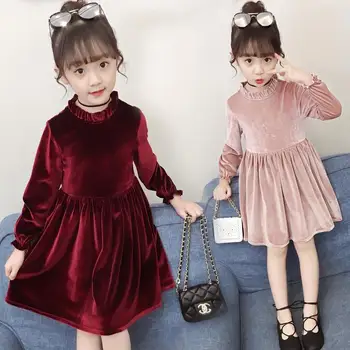 

Kids 2020 Spring Autumn Dresses For Girls New Child Clothes 3-12 yrs Teenage Girls Gold Velvet Evening Christmas Party Gown K279