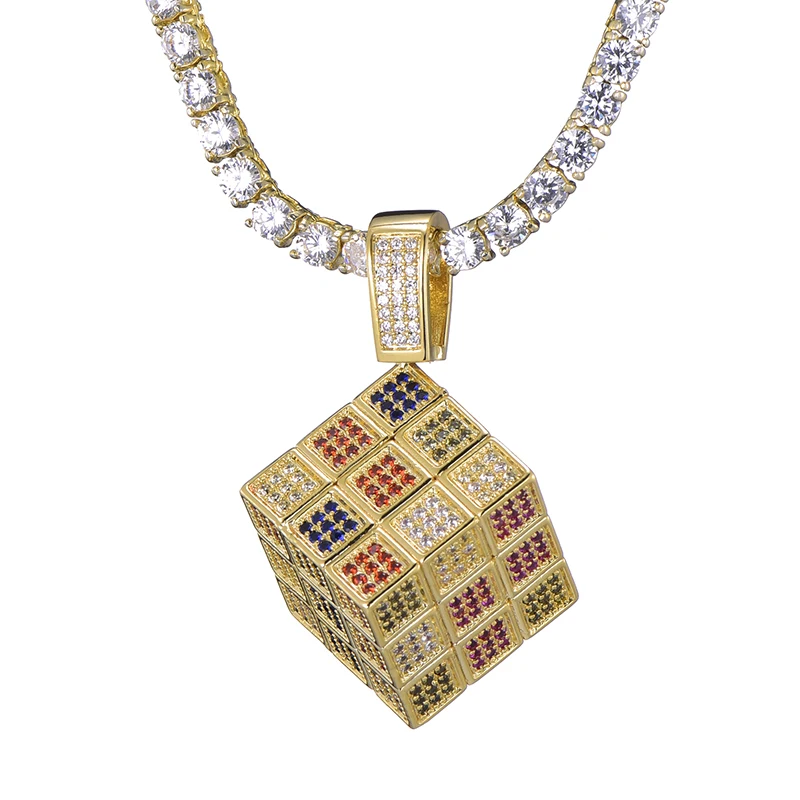 Gold Хип хоп Bling Iced Out квадратные игральные кубики медь золото серебро кубический циркон ожерелья и подвески для мужчин ювелирные изделия с теннисной цепочкой - Окраска металла: Gold
