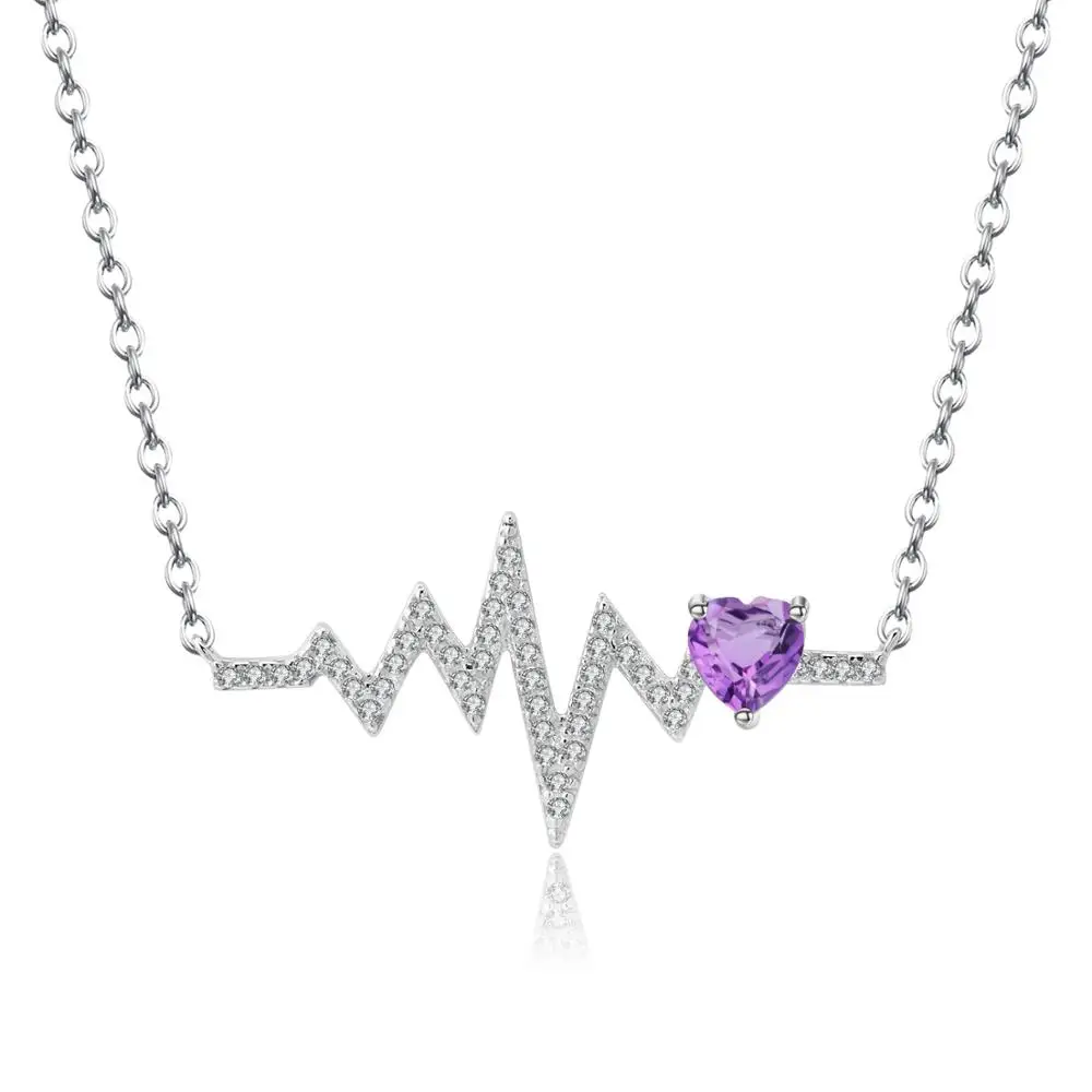 GEM'S BALLET 925 Sterling Silver Romantic Electrocardiogram Natural Amethyst Love Heartbeat Pendant Necklace for Women Jewelry
