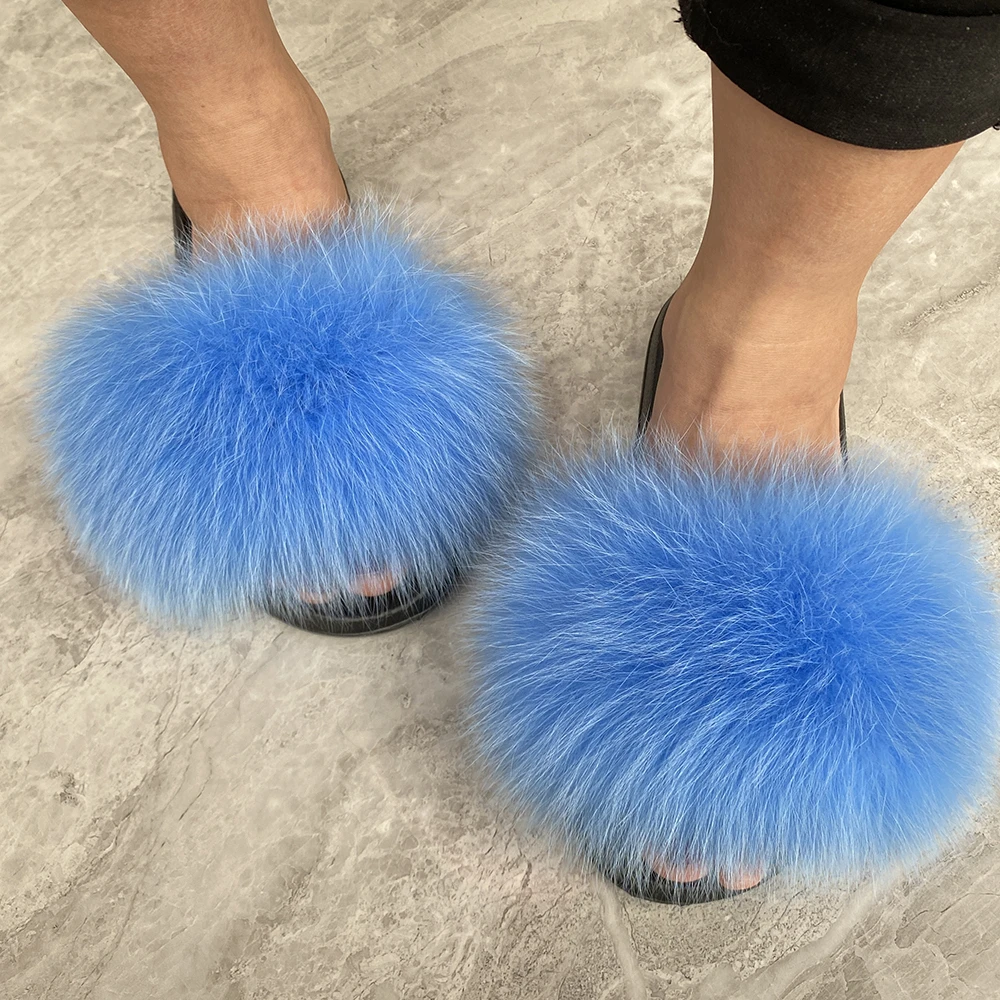 Chanclas de pelo de zorro auténtico para mujer, Sandalias planas, bonitas y zapatos de casa, chanclas de mapache|Zapatillas| - AliExpress