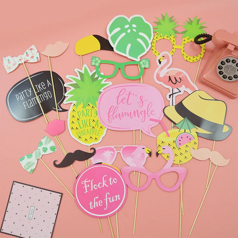 20Pcs Flamingo Photo Props Hawaii Party Decoration Birthday Party Photo Booth Kit Accessories Hawaii Tropical PT28 (1)