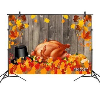 

LB Thanksgiving Turkey Maple Leaf Photography Backdrops Rustic Wooden Planks Festival Photo Studio Backdrop Props Decorations