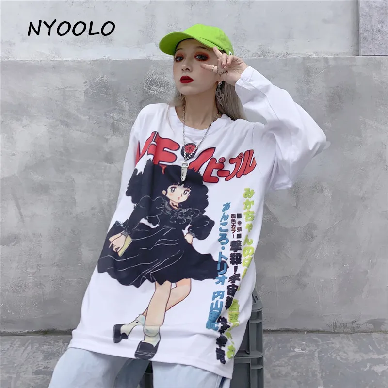 NYOOLO Harajuku Стильная красивая Милая танцевальная футболка с японским принтом для девочек, топы, осенние свободные футболки с длинным рукавом и круглым вырезом для женщин