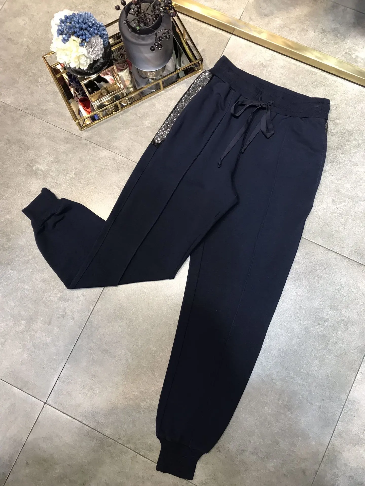 ladies fashion slim casual trousers with threaded sequined trousers 0927