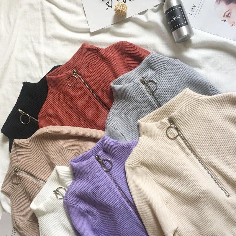 Women Sweater Pullover Female Sweater O-neck Knitted Slim Pullovers Sweater Tide Zipper Women Sweater New Autumn Winter