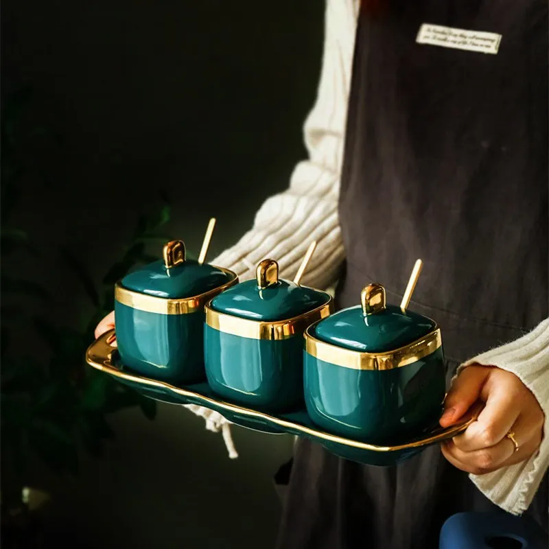Скандинавский Изумрудный керамический банка для сахара солонка приправа банка миска для заправки четыре набора цветы и фрукты чайник WF822950