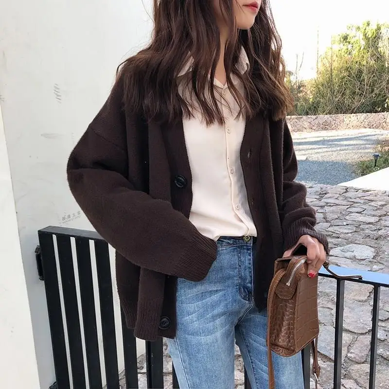 

Retro Effen Color Single -Breasted Trui Jas Loose Batwing Mouwen Used Vest Plus Size Short Trui
