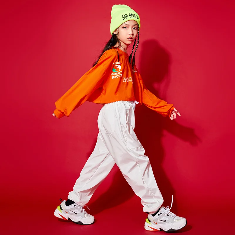 Kid Kpop Hip Hop Clothing Crop Top Long Sleeve T Shirt White Streetwear Jogger Pants for Girl Jazz Dance Costume Clothes