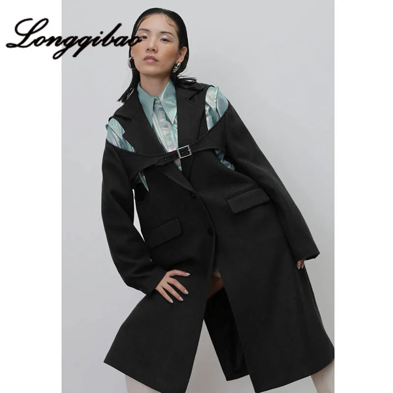 Longqibao2020, новая мода, индивидуальный тренд, длинный рукав, на плече, Металлическая пуговица, флисовое пальто, женская одежда, женские пальто