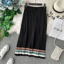 Новое поступление, осенняя Женская Полосатая плиссированная трикотажная Юбка До Колена, Женская завышенная эластичная облегающая трапециевидная юбка средней длины с разрезом