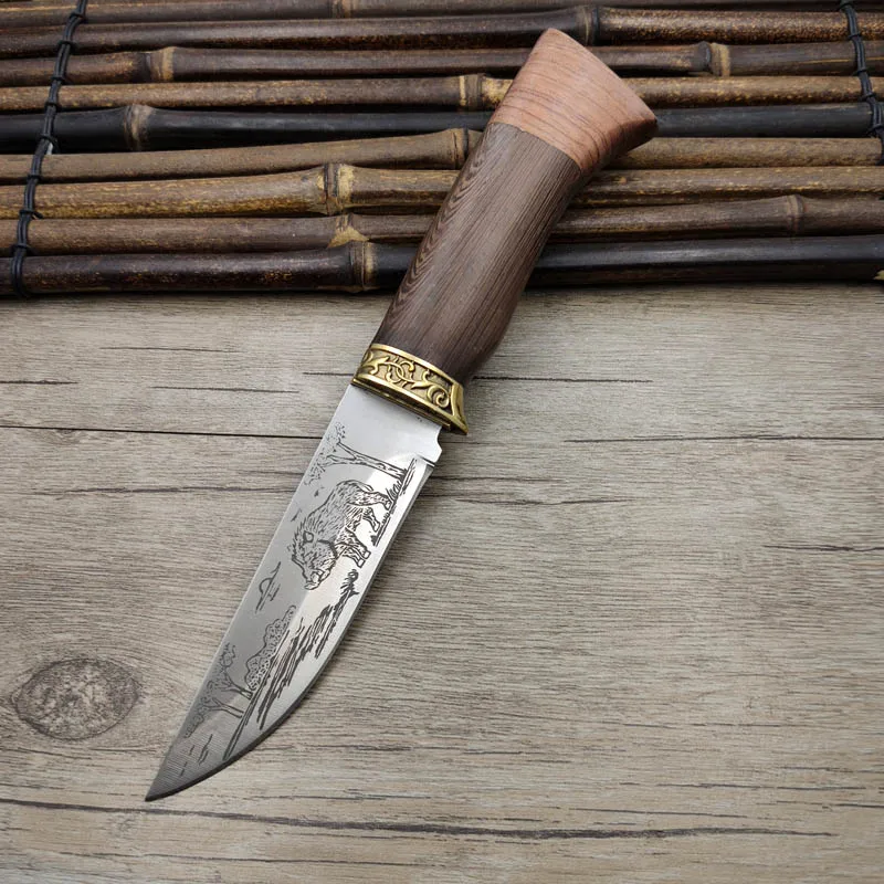 Boar pattern Прямая поставка, 440C, нержавеющая сталь, фиксированное лезвие, ручка венге, EDC, точилка, охотничий нож, нож для выживания на открытом воздухе, рога, кабана, узор - Цвет: Boar pattern