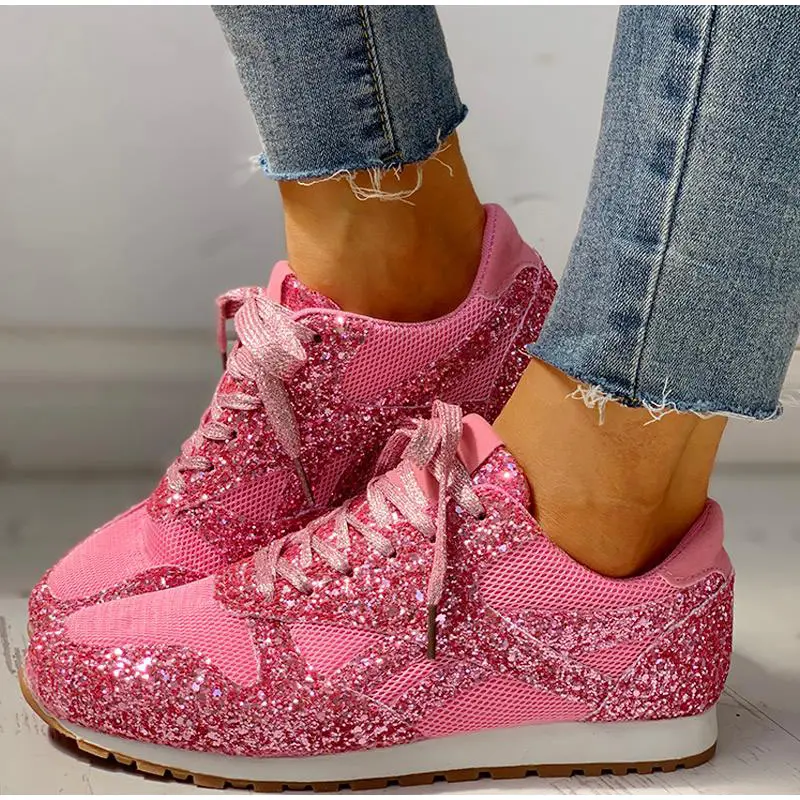 Casual Sneakers Women Flat Glitter Bling Vulcanized Shoes Female Mesh Lace Up Platform Comfort Plus Size Fashion Ladies Spring