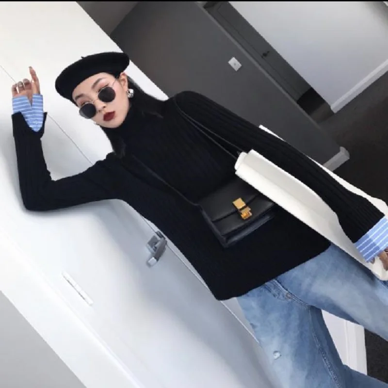 Корейский ins Harajuku винтажный вязаный свитер с высоким воротом и длинными рукавами для женщин, шикарный осенний женский простой пуловер, модный свитер