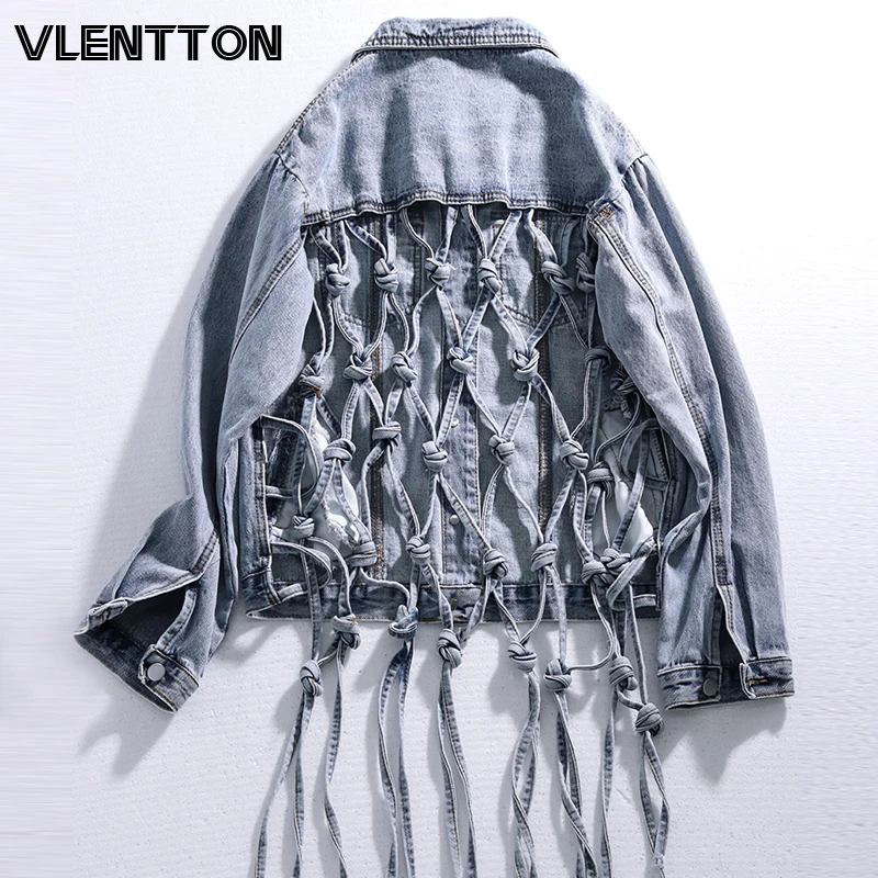 

2020 Spring Fashion Street Style Hollow Out Women's Denim Jacket Tassel Solid Casual Loose Jeans Coat Female Cowboy Outwear Tops